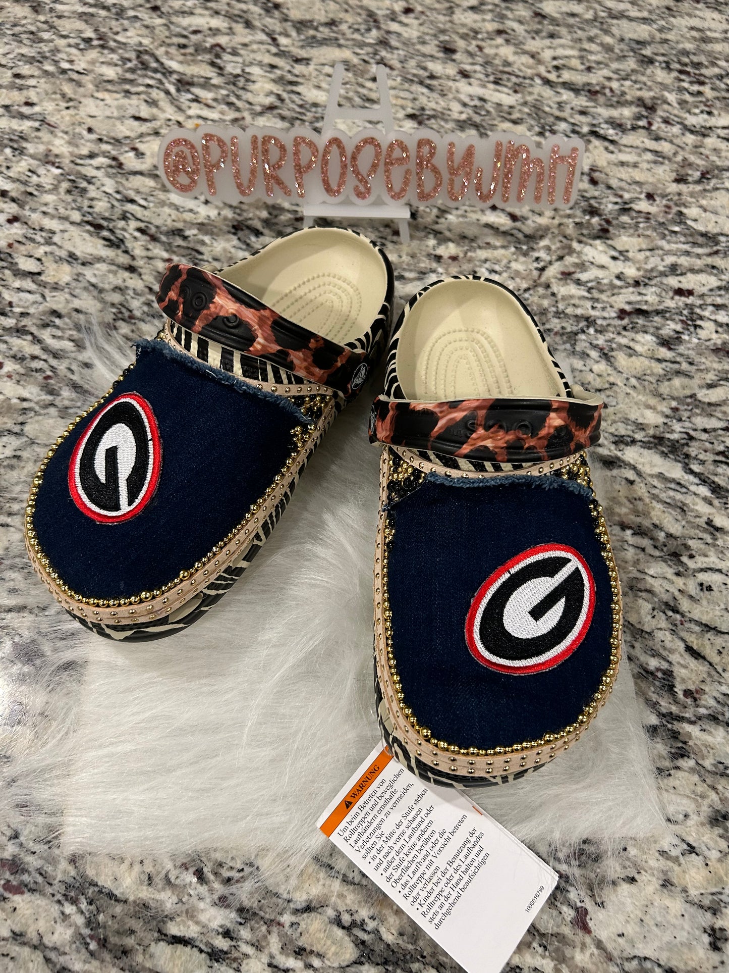 Ladies Size 7 Dark Denim/Leopard UGA Custom Crocs