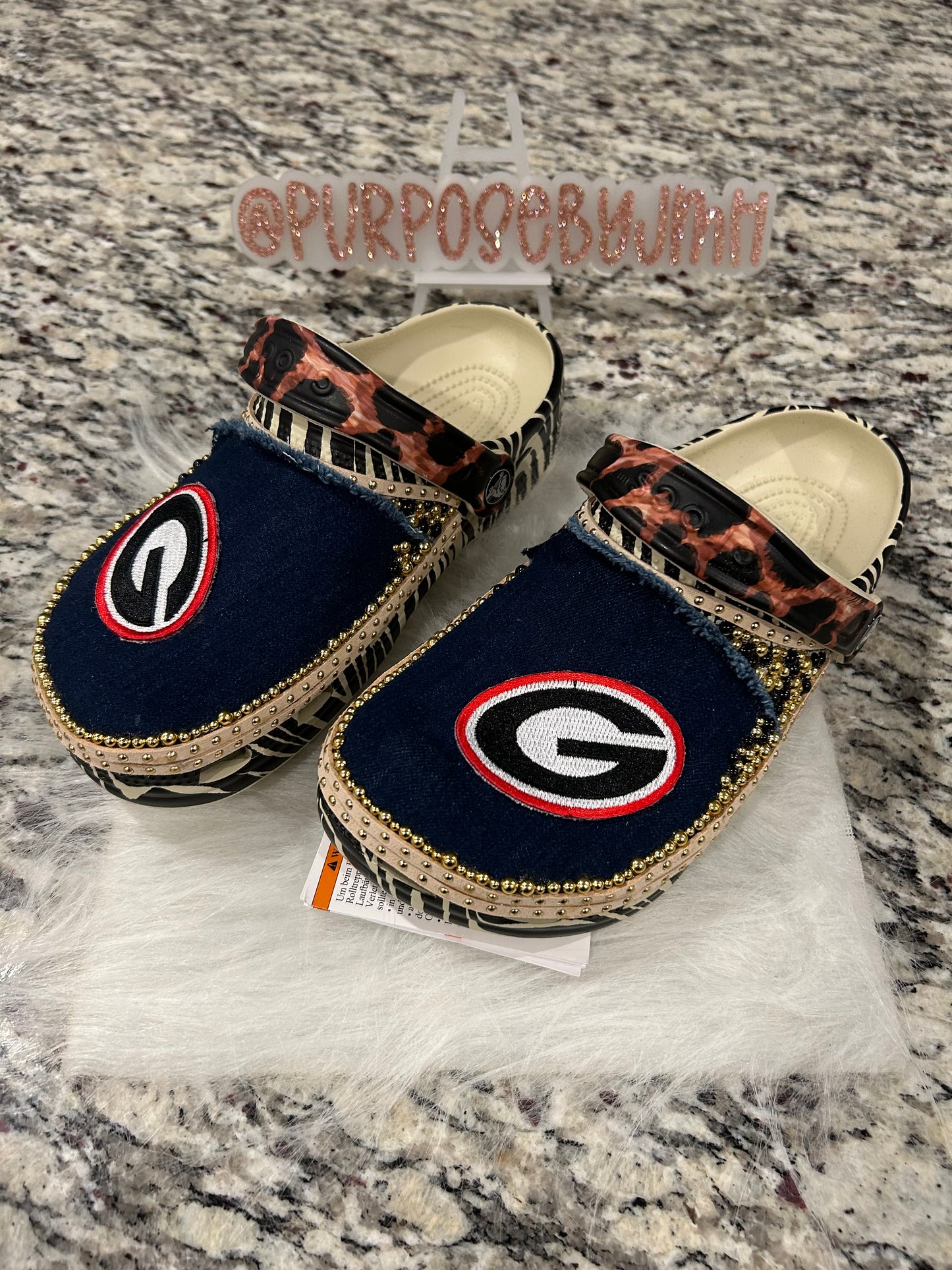 Ladies Size 7 Dark Denim/Leopard UGA Custom Crocs