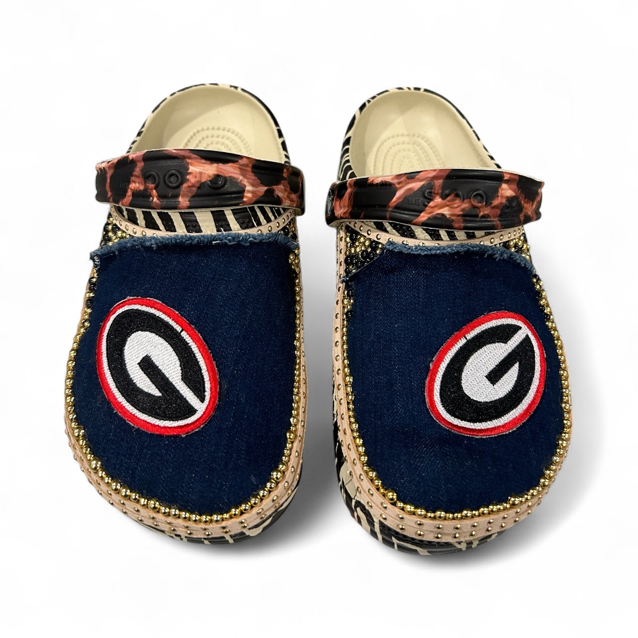 Ladies Size 7 Dark Denim/Leopard UGA Custom Crocs