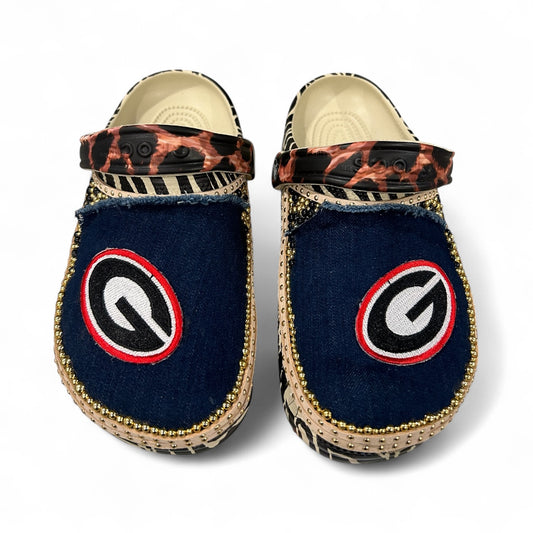 Ladies Size 7 Dark Denim/Leopard UGA Custom Crocs