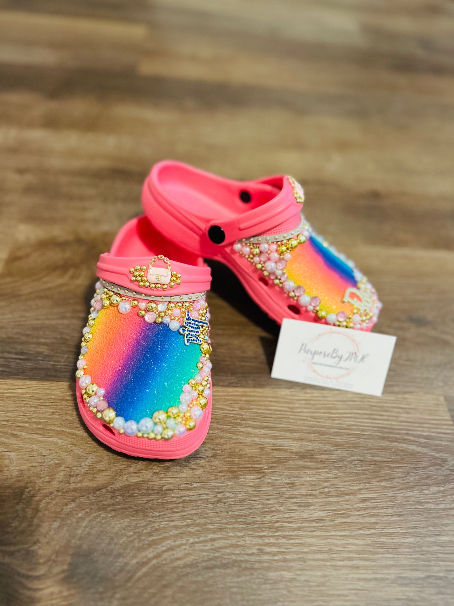 Girls Pink & Rainbow Designer Inspired Crocs - Size 2/2.5