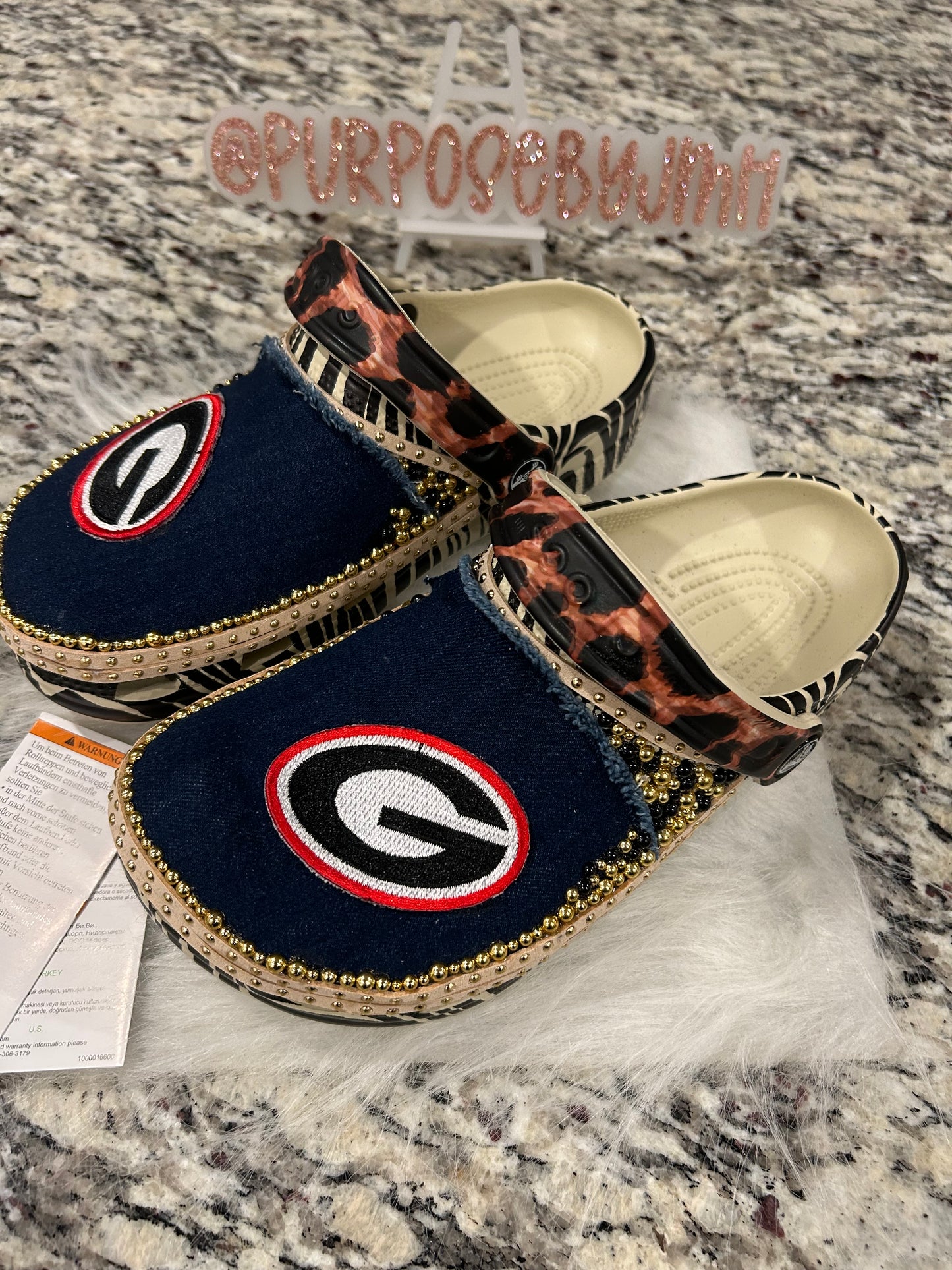 Ladies Size 7 Dark Denim/Leopard UGA Custom Crocs