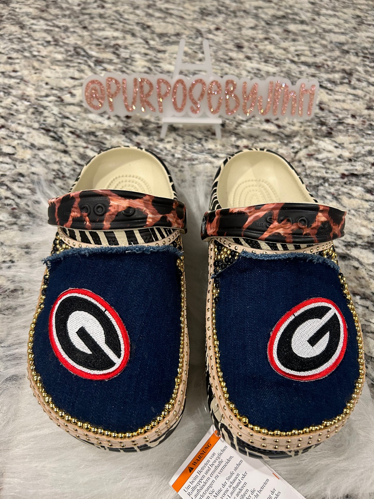 Ladies Size 7 Dark Denim/Leopard UGA Custom Crocs