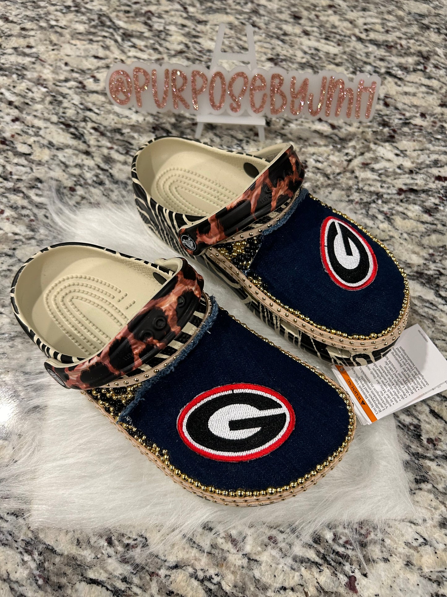 Ladies Size 7 Dark Denim/Leopard UGA Custom Crocs