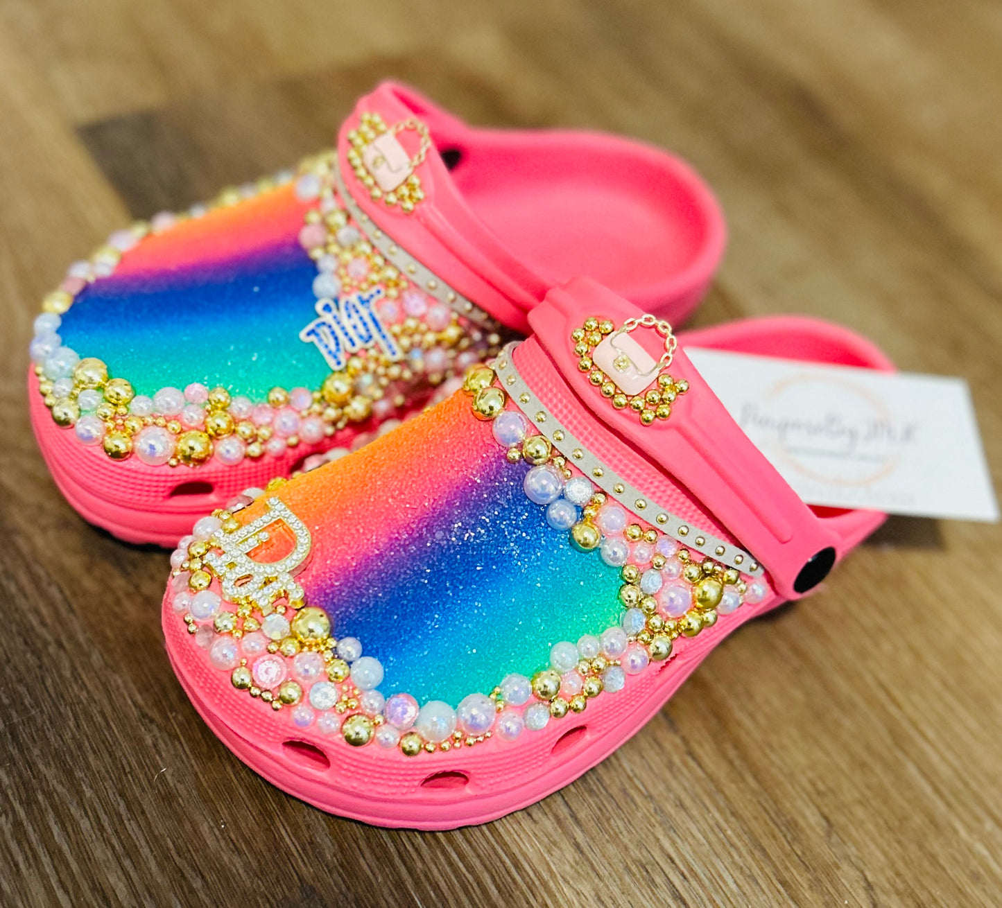 Girls Pink & Rainbow Designer Inspired Crocs - Size 2/2.5